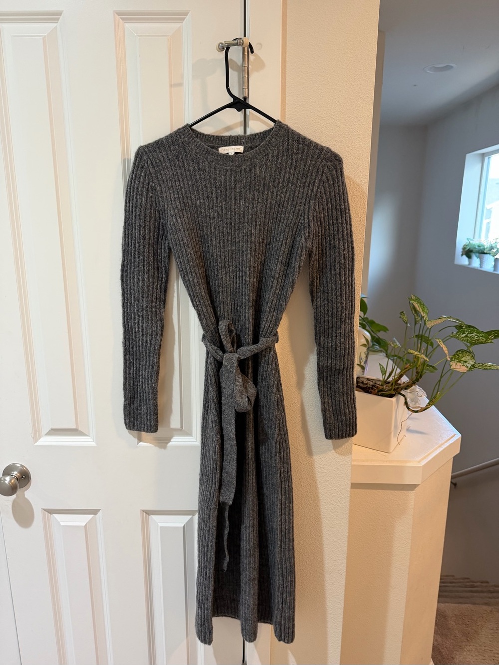 Flying Tomato Charcoal Ribbed Knit Belted Long-Sleeve Dress